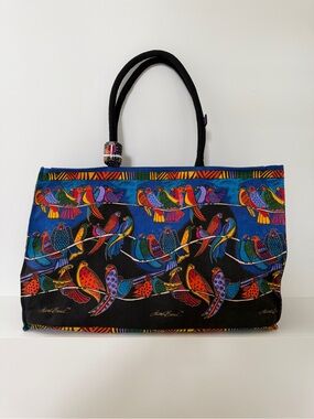 LAUREL BURCH Large Double Handle Tote Bag Birds Parrots Market Bag Beach Travel
